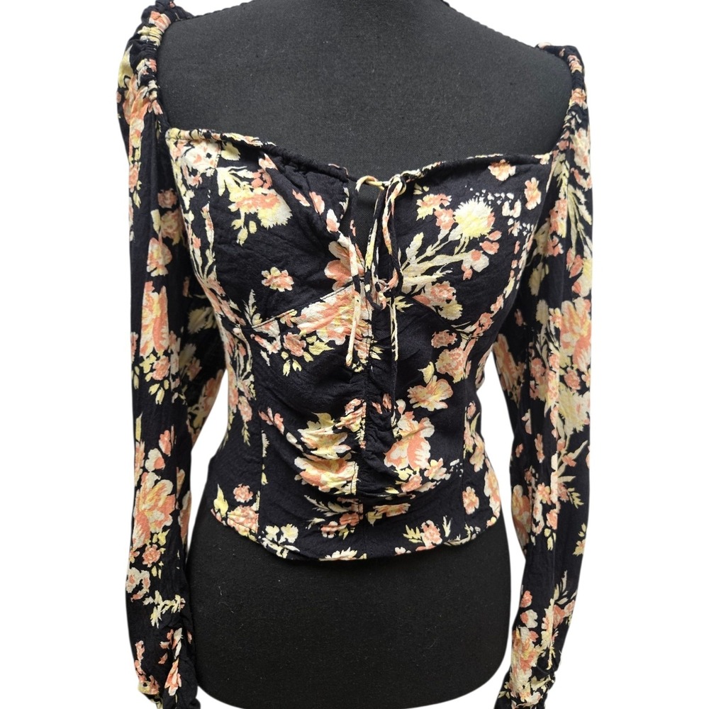 Free People Black Floral Long Sleeve Top Medium Smocked Back Boho Tie Front